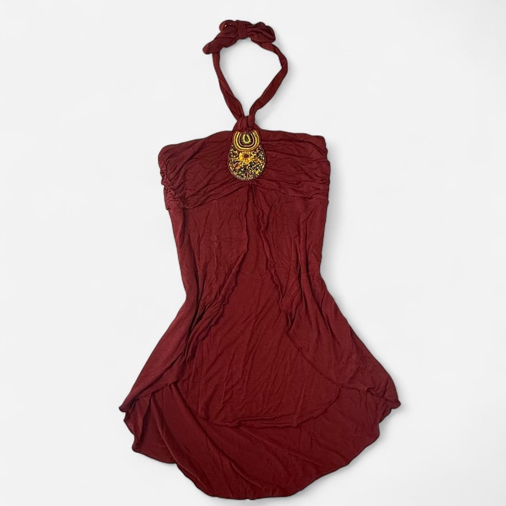 Windsor Vintage Y2K Burgundy Bohemian Beaded Medallion Halter Top Tunic Medium